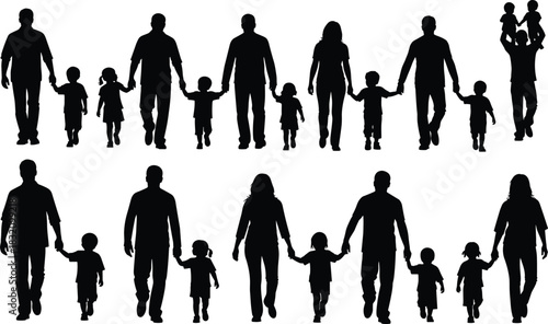 Family silhouettes with children, walking, holding hands, carrying kids, bonding moments, diverse groups, black icons, parenting love, flat vector