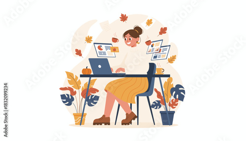 Fall productivity Woman working happily on laptop with data coffee and autumn leaves