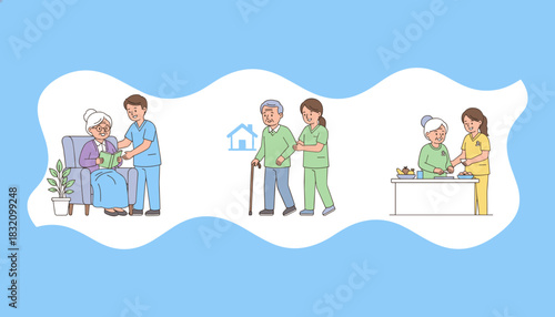 Caregivers assist elderly seniors with daily activities like reading walking and preparing food