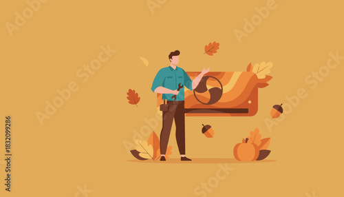 Fall HVAC service Technician working on heating unit with autumn leaves and pumpkin