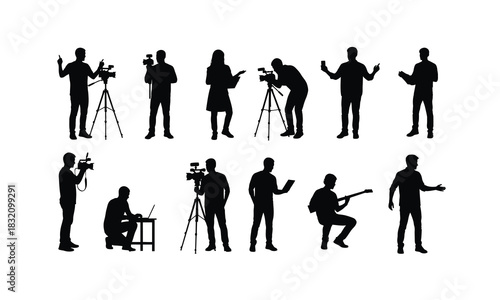 Dynamic content creator in various poses captured as a striking silhouette against a clean white background ideal for digital media and design projects isolated on white background