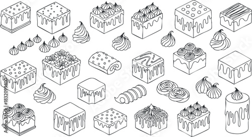 A collection of assorted desserts including cakes, pastries, and sweets in black and white vector style, ideal for culinary design projects