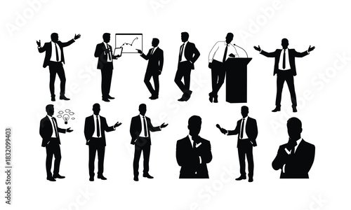 Silhouette of an entrepreneur confidently presenting a startup idea with various poses isolated on white background