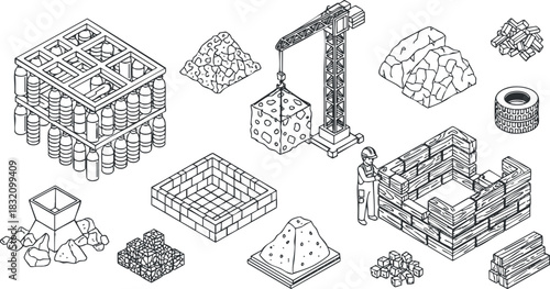 A collection of construction elements including a crane, bricks, rocks, and a worker in isometric outline vector style, ideal for engineering and architecture projects