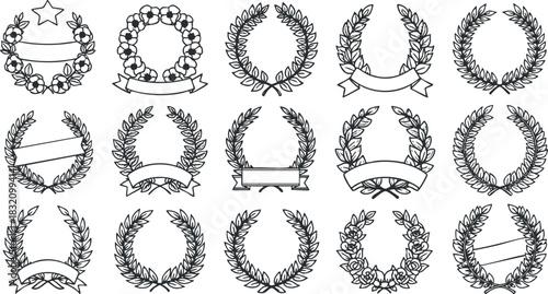 A collection of decorative laurel wreaths and floral designs in black and white vector style, suitable for awards and certificates