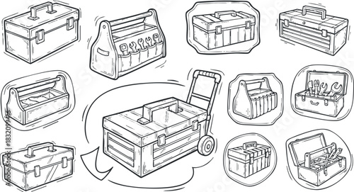 A collection of various toolboxes and tools in outline vector style, suitable for DIY projects and handyman services