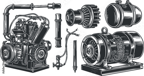 A detailed illustration of an industrial engine and its components in black and white vector style, suitable for engineering and technical projects