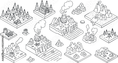 A collection of hand-drawn black and white landscapes featuring mountains, forests, islands, and volcanoes in geometric vector style, suitable for adventure and nature-themed projects