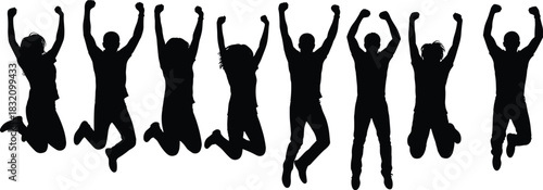 Jumping people silhouettes, joyful poses, celebration moment, energetic movement, raised arms, success expression, black icons, happiness concept, flat vector