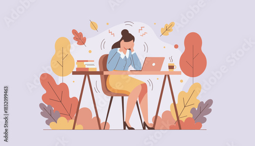 Stressed professional woman with headache working on laptop suffering from burnout and anxiety