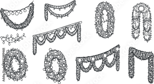 A collection of decorative garlands and string lights in black and white outline vector style, perfect for festive celebrations and event decoration