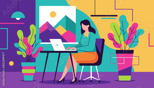 Woman working on laptop in a vibrant modern office with plants Remote business illustration