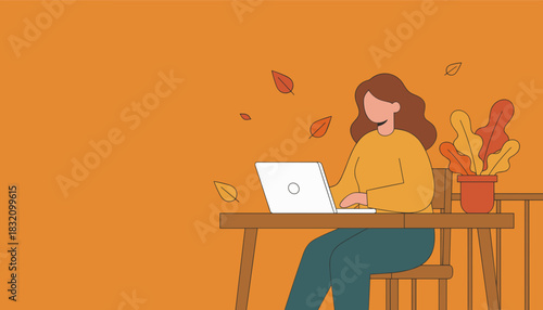 Woman working on a laptop in a cozy autumnal environment Remote work and productivity illustration