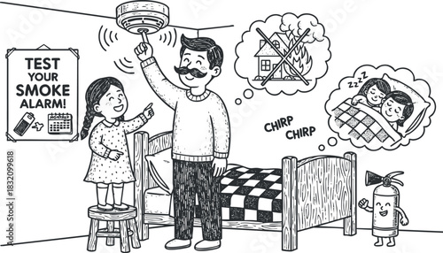 A family checking a smoke alarm together in a black and white cartoon vector style, ideal for fire safety awareness and educational materials