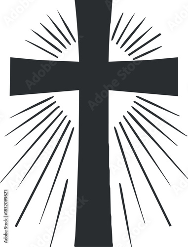 A silhouette of a cross with rays of light in a minimalist vector style, perfect for religious and spiritual themes