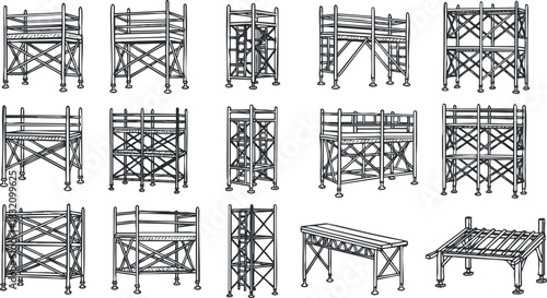 A collection of scaffolding structures in black and white outline vector style, suitable for construction and engineering projects