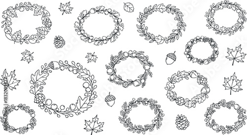 A collection of hand-drawn floral and leaf wreaths in outline vector style, perfect for seasonal decorations and crafts