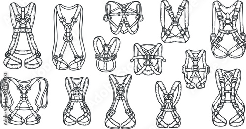 A collection of various climbing harnesses in detailed line art vector style, suitable for outdoor sports and safety equipment design