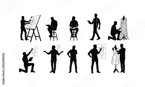 Fashion designer sketching various poses a dynamic silhouette illustrating creative process and style on a clean white background isolated on white background