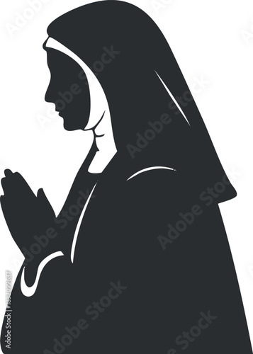 A silhouette of a praying nun in black and white minimalist vector style, suitable for religious or spiritual themes