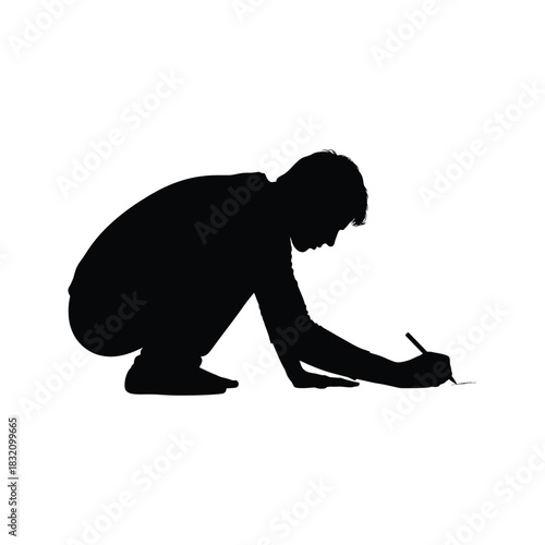 Silhouette of a person crouching down and drawing or writing with a pen on a white background