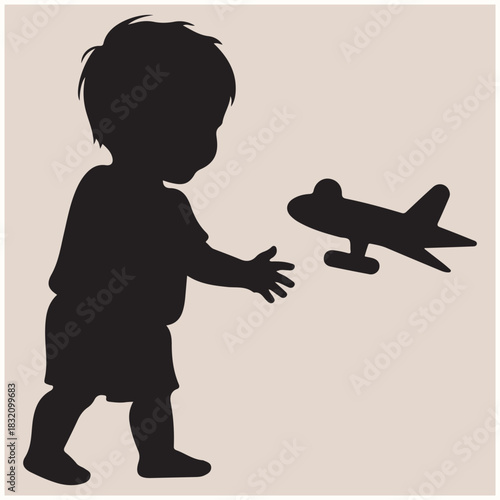 Cute Child Playing with Toy Airplane Silhouette, Playing
