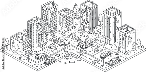An isometric view of a destroyed urban cityscape with damaged buildings and abandoned cars in black and white outline vector style, suitable for disaster-themed projects