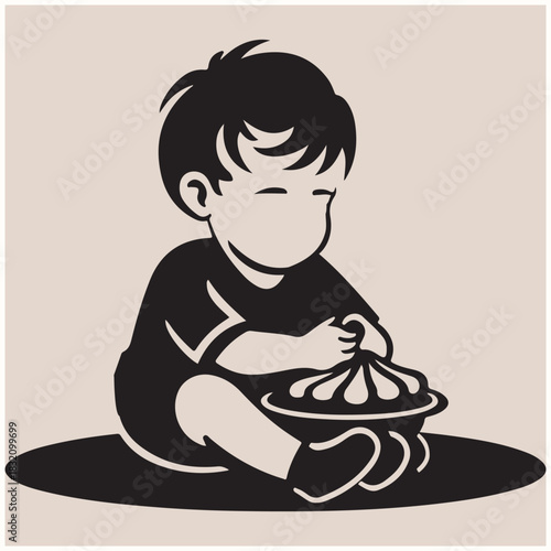 Cute Toddler Eating Apple Pie Silhouette Vector, Eating