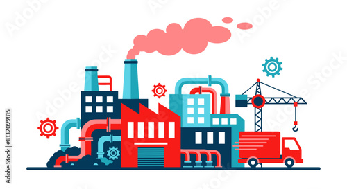 Flat graphic illustration of a manufacturing plant featuring smokestacks crane and delivery truck