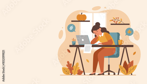 Exhausted woman struggles with remote work fatigue at her autumnthemed home office desk