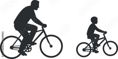 A silhouette illustration of an adult and a child riding bicycles in a flat vector style, ideal for family and outdoor activity themes