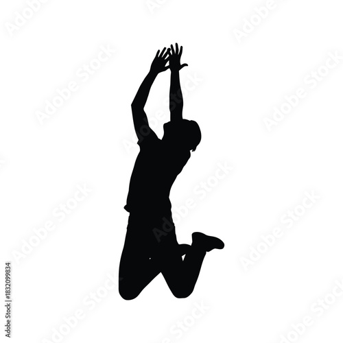 Silhouette of a person jumping with arms raised high in the air against a white background