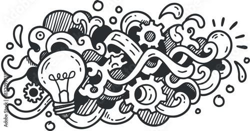 A creative doodle of a light bulb surrounded by swirling gears and abstract elements in black and white vector style, ideal for innovation themes