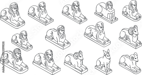 A collection of Egyptian-themed outline vector illustrations featuring sphinxes, cats, lions, rams, and pharaohs, ideal for cultural designs