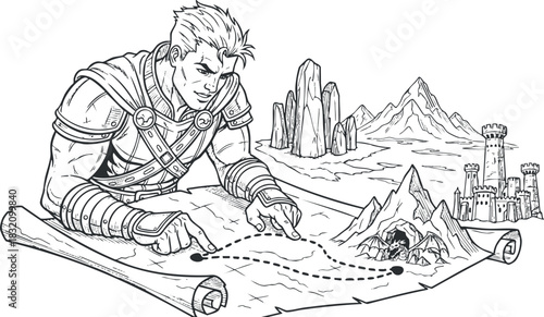 A detailed illustration of a warrior studying a treasure map in an outline style, suitable for adventure-themed projects