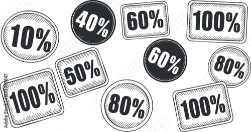 A collection of percentage labels featuring 10%, 40%, 60%, 80%, and 100% in hand-drawn sketch style, ideal for sales and promotions
