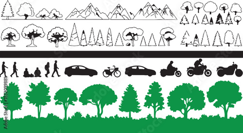 Artistic vector illustration of various trees in a natural landscape suitable for environmental or decorative designs