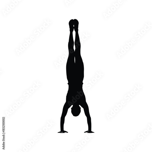 Silhouette of a person performing a handstand with legs and arms extended against a white background