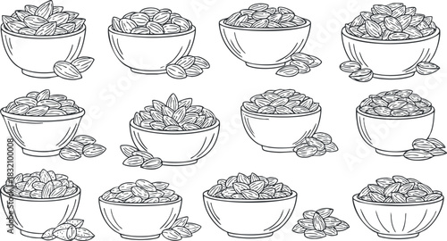 A collection of outlined bowls filled with almonds in a minimalist black and white vector style, suitable for healthy food designs