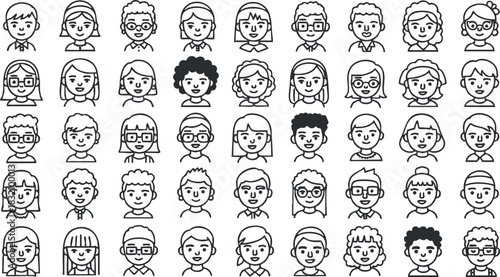 A collection of diverse cartoon characters' faces in black and white line art style, perfect for educational and community projects