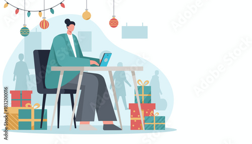 Person working on a device amidst holiday decor and gift boxes Festive business illustration