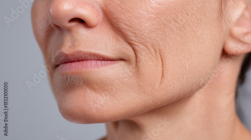 Mature woman face close up showing dry skin, deep wrinkles, fine lines, and natural aging texture, highlighting realistic skin condition and subtle expression