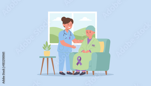 Nurse provides support and compassionate care to an ill patient symbolizing cancer awareness and medical assistance
