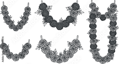 A collection of floral garlands featuring roses and leaves in intricate black outline vector style, perfect for wedding decorations or event designs