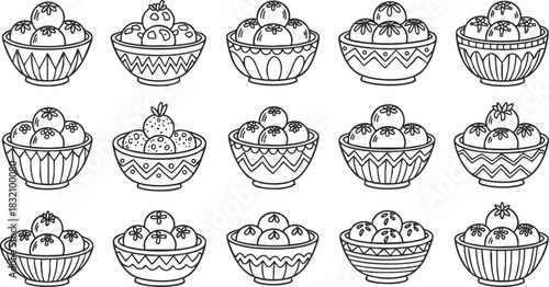 A collection of bowls filled with assorted fruits and desserts in black and white outline vector style, perfect for food illustrations and design projects