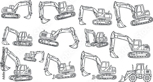 A set of various excavators in outline vector style, suitable for construction and engineering illustrations