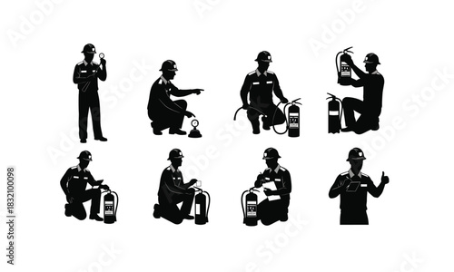 Fire safety inspector in various poses with an extinguisher depicted as a silhouette isolated on white background