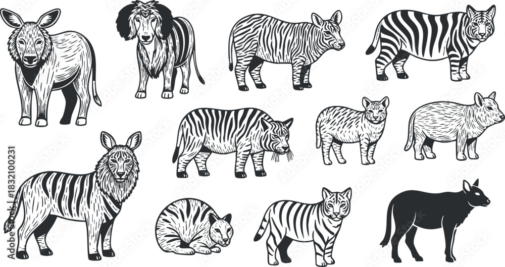 Fototapeta premium A collection of hand-drawn wild animal illustrations including lions, tigers, zebras, and bears in black and white vector style, ideal for educational materials and children's books