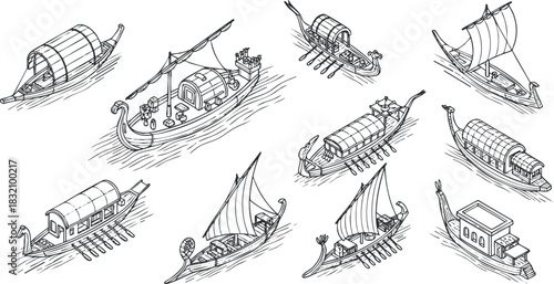 A collection of various historic boats and ships in detailed outline vector style, suitable for maritime design projects