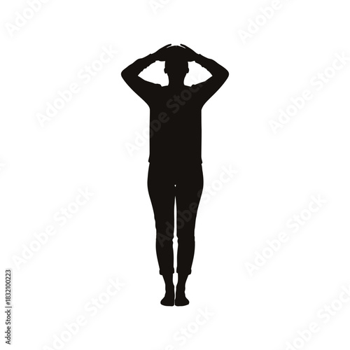 Silhouette of a person standing with hands on head in a gesture of distress or contemplation against a white background